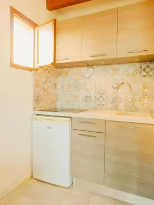 a kitchen with a white refrigerator and wooden cabinets at Residence Maïna in Cargèse