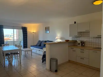 a kitchen and living room with a couch and a table at PALMERAIE 325 in Sari Solenzara