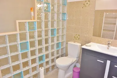 a bathroom with a toilet and a sink at FIUMICELLI in Sari Solenzara
