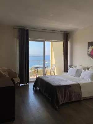 a bedroom with a bed and a view of the ocean at Sun Beach in Ajaccio