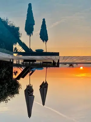 a reflection of two umbrellas in the water with trees at A Casa Nostra in Coti-Chiavari