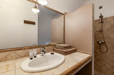 a bathroom with a sink and a shower at Domaine Pietra di Sole in Porto-Vecchio