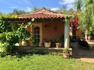 a pergola with potted plants in front of a house at Domaine Le Clos des Oliviers in Sorbo-Ocagnano