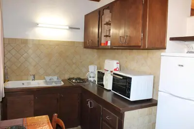 a kitchen with a microwave and a sink at Domaine Le Clos des Oliviers in Sorbo-Ocagnano
