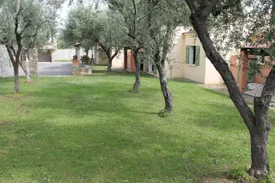 a group of trees in a yard with a building at Domaine Le Clos des Oliviers in Sorbo-Ocagnano