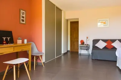 a bedroom with a bed and a desk and a desk at Le Ruone in Calcatoggio