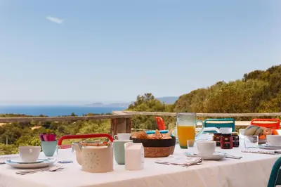 a white table with food and drinks on it at Le Ruone in Calcatoggio