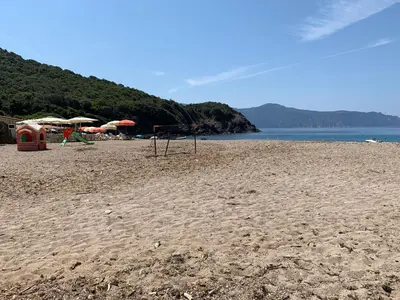 a sandy beach with umbrellas and chairs and water at Les Asphodèles in Partinello