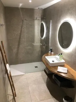 a bathroom with a shower and a sink and a shower at Auberge les Oliviers in Lucciana