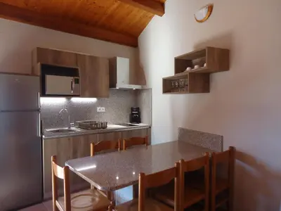 a kitchen with a table and a refrigerator at Résidence & SPA Marina d'Arone in Piana
