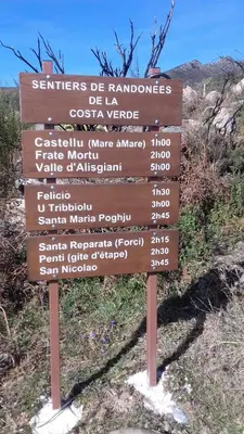 a directional sign on a trail in the mountains at Bel appartement confortable et cosy en résidence avec piscine à 5 mn de la mer in Linguizzetta