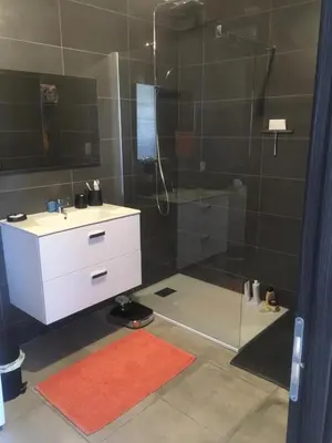 a bathroom with a shower with a white sink and a glass shower at Domaine du Frasso in Grosseto-Prugna