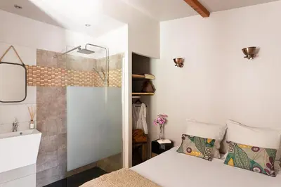a bedroom with a shower and a bed at Résidence I Levri in Porto-Vecchio