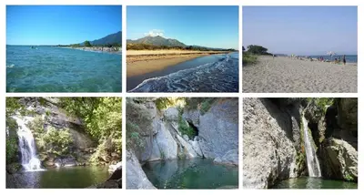 a series of four pictures of a beach and water at Domaine de l'Avidanella in Santa-Lucia-di-Moriani