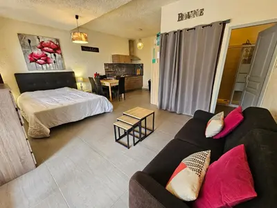 a living room with a couch and a bed at CARDELLINI 23 in Sari Solenzara