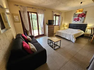 a living room with a couch and a bed at CARDELLINI 23 in Sari Solenzara