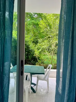 a patio with a table and chairs and a window at Résidence Valledoro in Valle-di-Campoloro