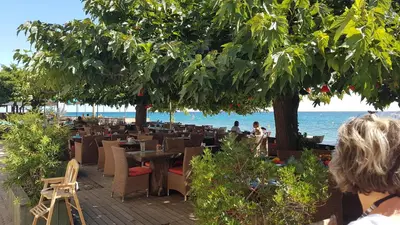 a restaurant on the beach with tables and trees at OSARI - MORIANI plage in Moriani Plage