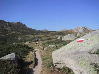a person riding a bike on a mountain trail at DISCRET, APAISANT, CALME entre MER et MONTAGNE, THERMALISME in Isolaccio-di-Fiumorbo