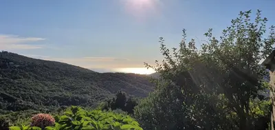 a view of a valley with the sun in the distance at DISCRET, APAISANT, CALME entre MER et MONTAGNE, THERMALISME in Isolaccio-di-Fiumorbo