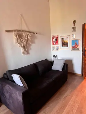 a black leather couch in a living room at Location atypique village olmeto in Olmeto