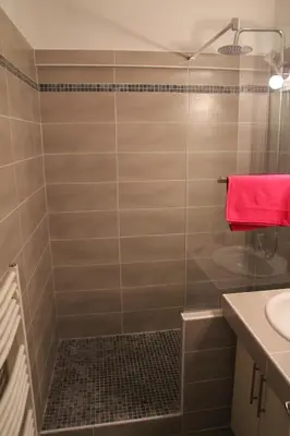 a bathroom with a shower with a red towel at Appartement Sampiero in Corte