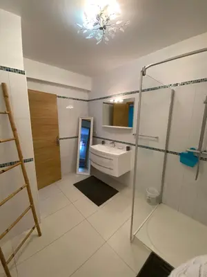a bathroom with a sink and a glass shower at Vizzavona Piscine in Ajaccio