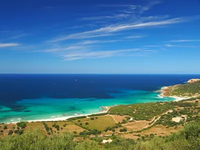 an aerial view of the beach and ocean at Villa in Moriani-Plage with Sea View in San-Nicolao