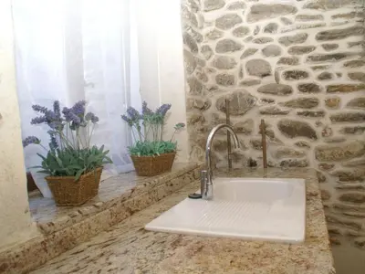 a kitchen sink with two potted plants on a counter at Holiday Home Moriani-Plage with Pool in San-Nicolao
