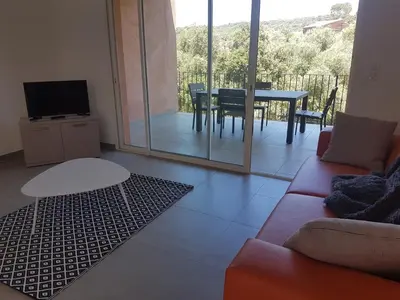 a living room with a couch and a tv and a table at SARL valinco locations in Olmeto