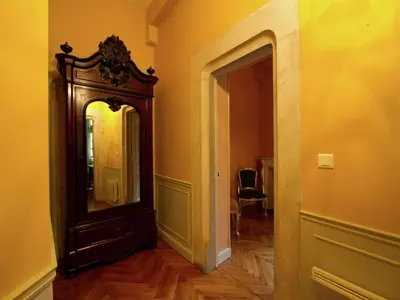 a hallway with a large mirror and a doorway at Delightful Villa at Moriani-Plage with Garden in San-Nicolao