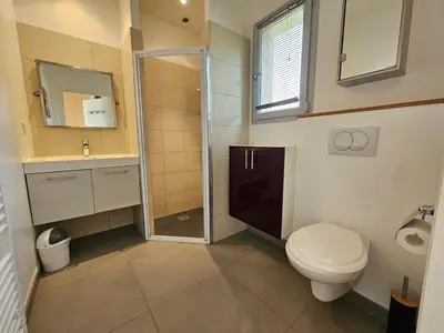 a bathroom with a toilet and a shower at SERENA-Piscine privée- Vue Mer in Conca