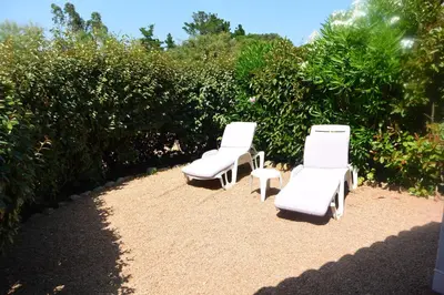 two white lounge chairs sitting in front of some bushes at St CYPRIEN D23 in Porto-Vecchio