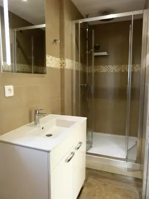 a bathroom with a sink and a shower at Magnifique chalet vue mer, a quelques minutes des plages in Olmeto