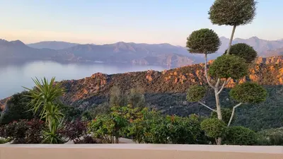 a view of a mountain with trees and a lake at Résidence Le Bella Vista in Piana
