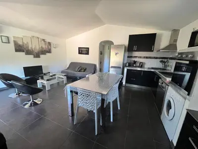 a kitchen and living room with a table and a dining room at residence Catalani in Zonza