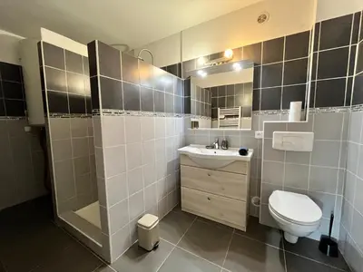 a bathroom with a toilet and a sink and a shower at residence Catalani in Zonza