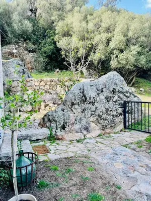 a large rock next to a fence and a tree at Maison de campagne, deux chambres, vue sur les montagnes in Sartène