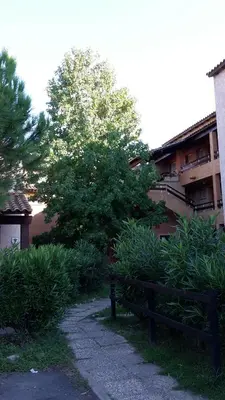 a fence in front of a building with a tree at Residence de Tourisme Marina Corsa in Ghisonaccia