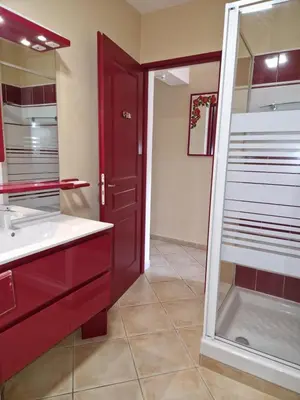 a bathroom with a red door and a mirror at Résidence U MELU GRAND T3 ROUGE en rez de jardin in Tiuccia