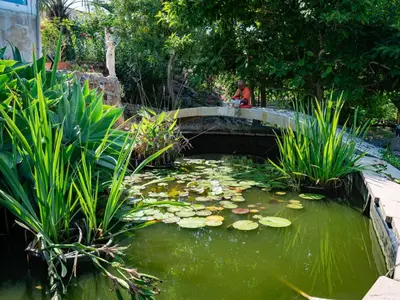 a woman sitting on a bridge over a pond with lilies at Holiday Home Campestra by Interhome in Coti-Chiavari