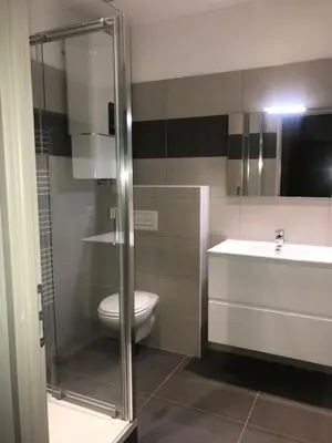a bathroom with a shower and a toilet and a sink at Corté Centre Corse in Corte
