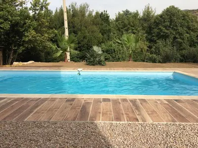 a swimming pool with blue water and trees in the background at Bottega in Petreto-Bicchisano