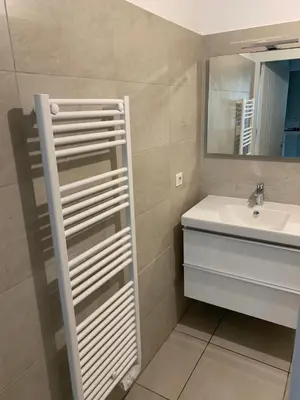 a bathroom with a sink and a mirror at Studio les pieds dans l'eau Plage du Trottel in Ajaccio