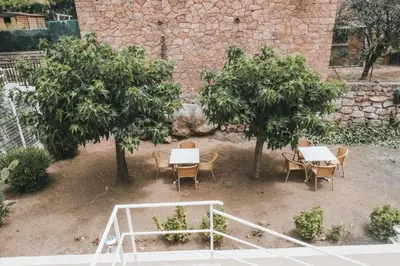 a courtyard with tables and chairs and trees at Résidence Idéal-Subrini in Porto Ota