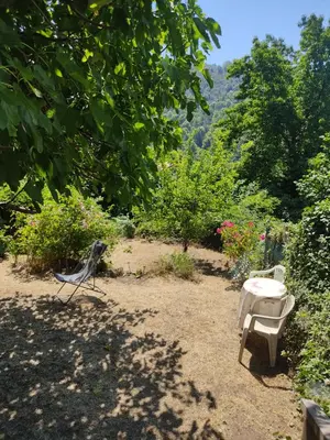 two chairs and a table in the shade of a tree at Maison de Vacances Renno in Renno
