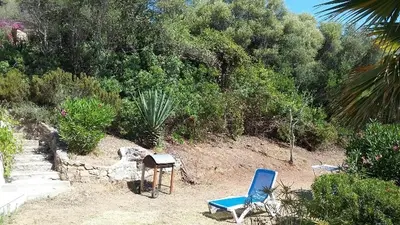 a blue chair and a grill in a garden at Résidence Les Mandiles in Cargèse