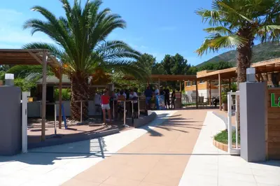a walkway with palm trees in a shopping center at Camping Le Sagone in Sagone
