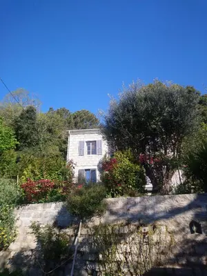 a white house on a hill with trees and bushes at Casa tanghicciola in Levie