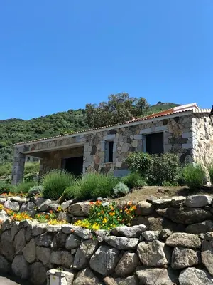 a stone house with a stone wall and flowers at Charmante maison de village *** in Santa-Maria-Figaniella